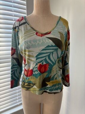 Y2K Le Mieux Studio Women's Floral Beaded 3/4 Sleeve V-Neck Top